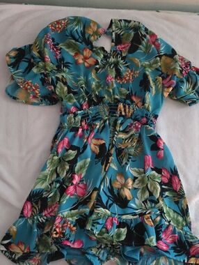 Peach Love California Teal Tropical Floral Girls Romper